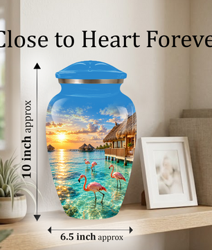 Adult Cremation Urn for Ashes, Personalized Aluminum Adult Urn, Tropical Beach Flamingo Memorial Urn