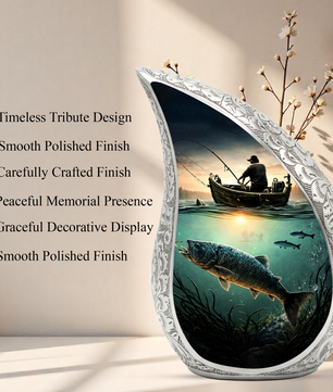 Fishing Personalized Cremation Urn – Teardrop Style Aluminum Memorial Urn, 10 Inch