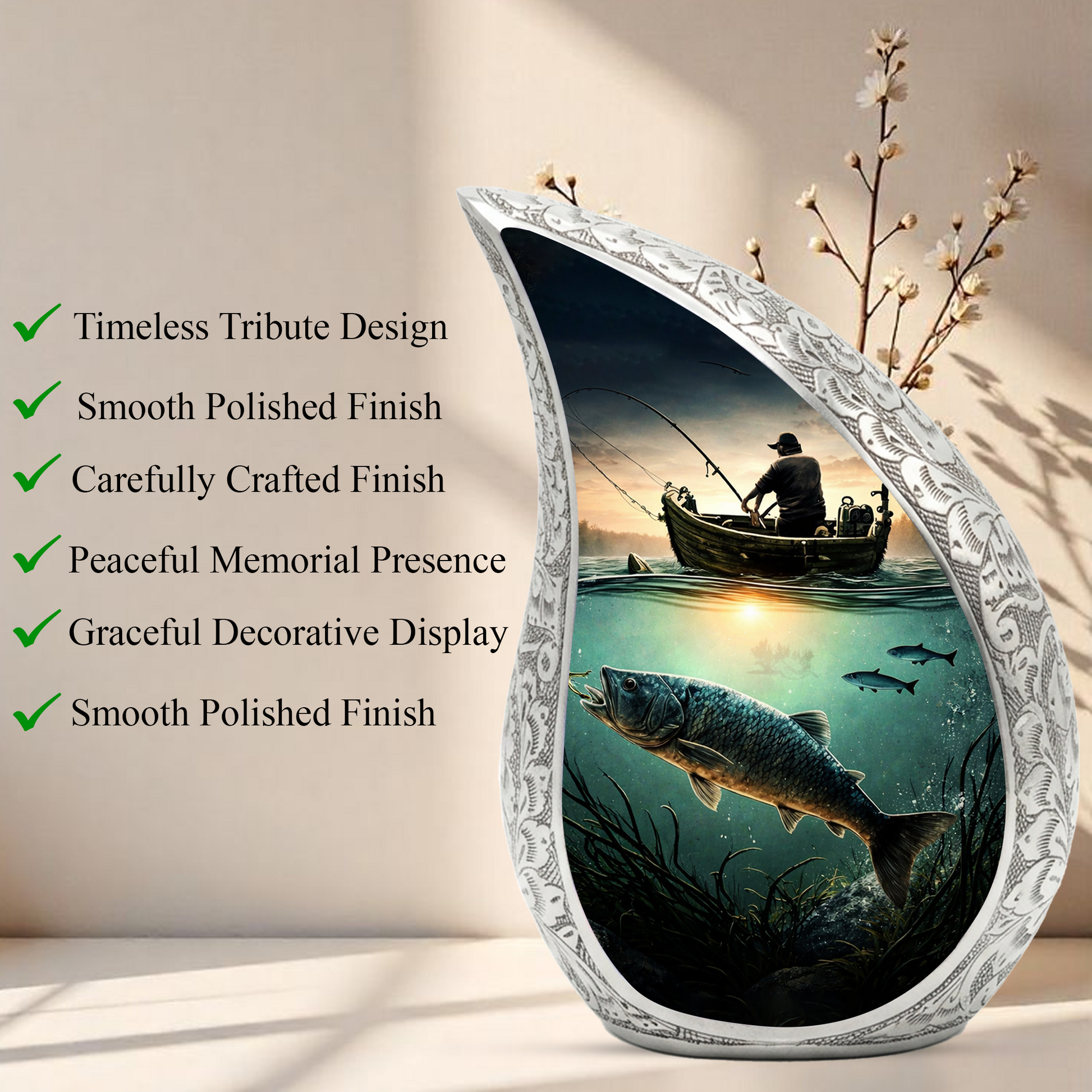 Fishing Personalized Cremation Urn – Teardrop Style Aluminum Memorial Urn, 10 Inch