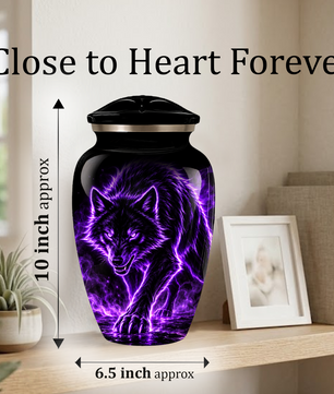 Purple Wolf Cremation Urn for Ashes | Personalized Wolf Memorial Urn | Black Wolf Adult Urn