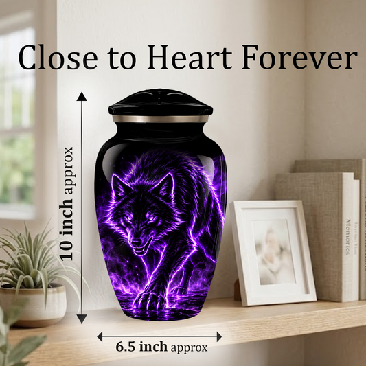 Purple Wolf Cremation Urn for Ashes | Personalized Wolf Memorial Urn | Black Wolf Adult Urn