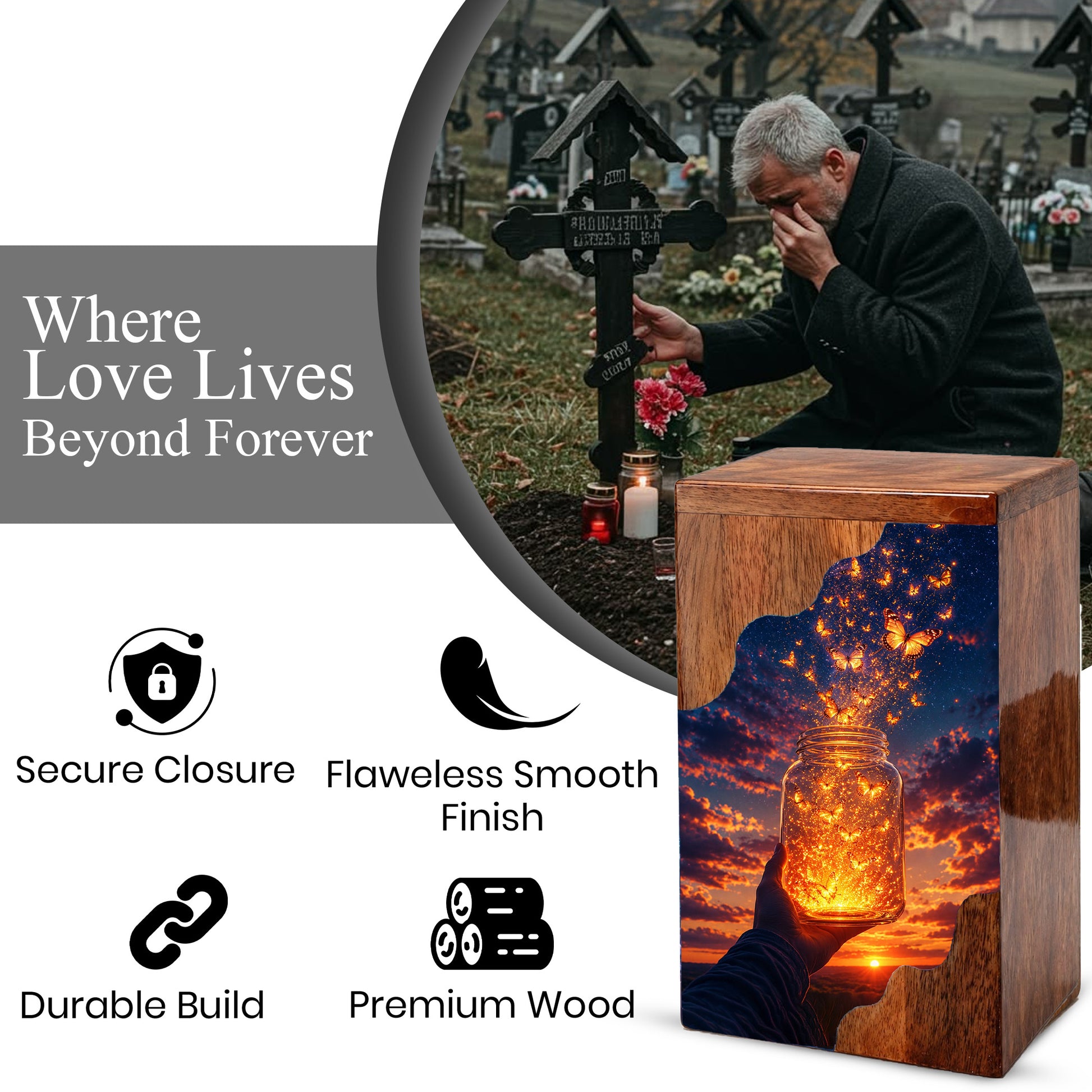 Butterfly Release Wooden Cremation Urn – Sunset Memorial Urn for Human Ashes