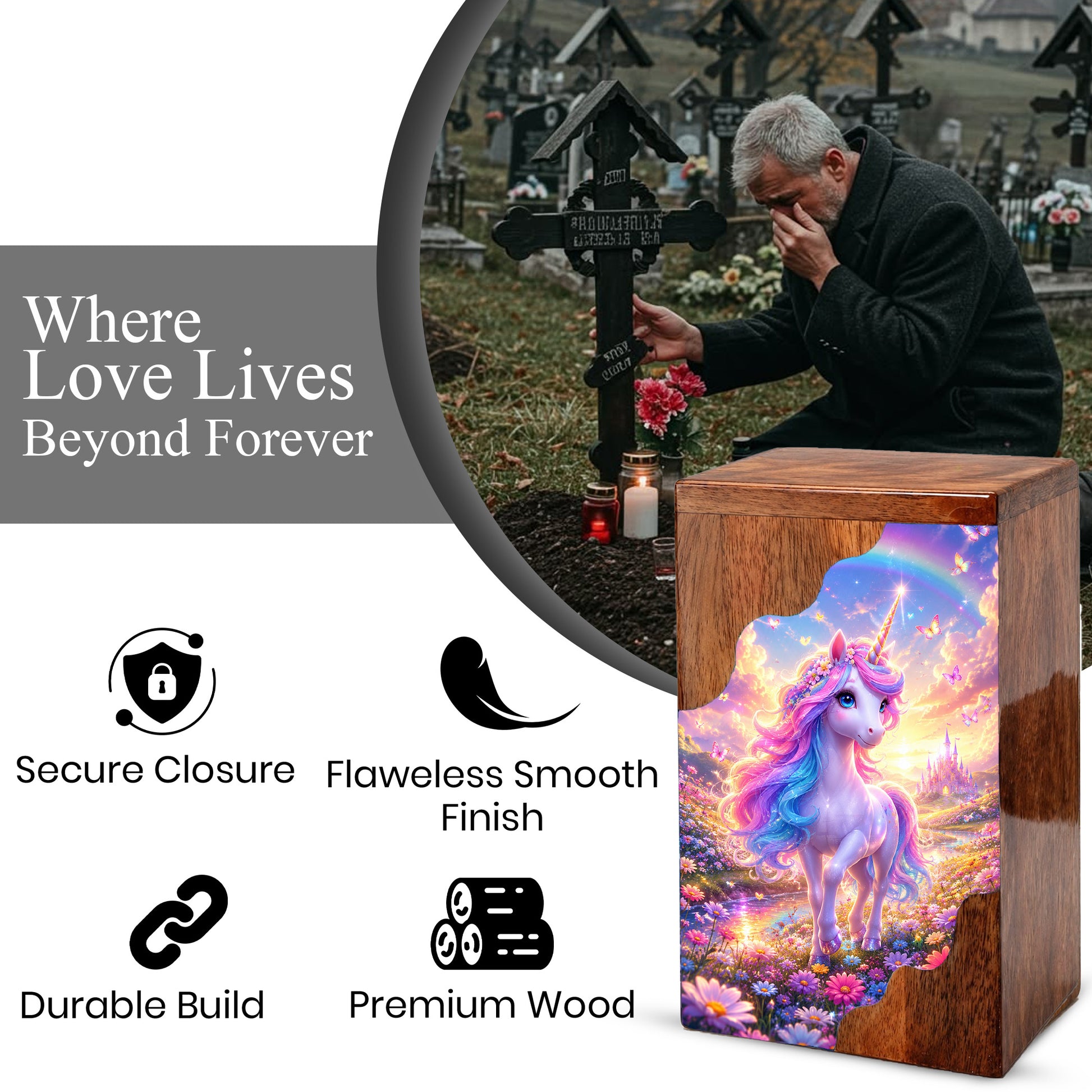 Unicorn Wooden Cremation Urn – Personalized Memorial Urn for Human Ashes