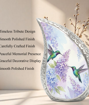 Personalized Hummingbird Cremation Urn – Custom Floral Memorial Urn for Ashes, Lavender Flower Teardrop Aluminum Adult Urn, 10 Inch