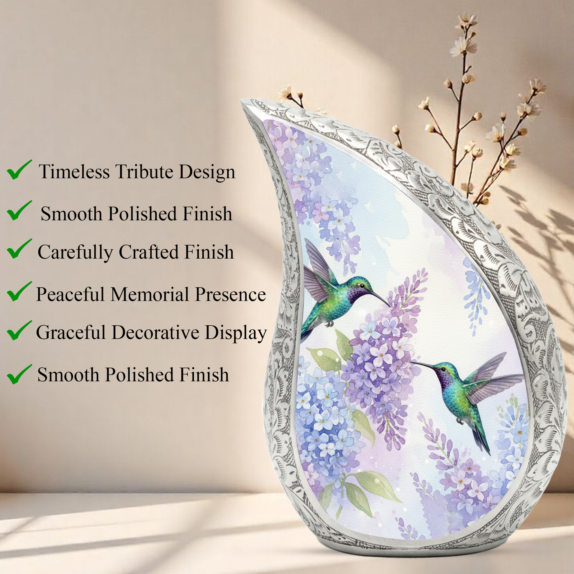Personalized Hummingbird Cremation Urn – Custom Floral Memorial Urn for Ashes, Lavender Flower Teardrop Aluminum Adult Urn, 10 Inch