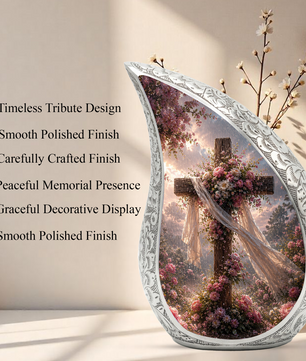 Christian Cross Adult Urn for Ashes | Floral Cross Adult Cremation Urn for Human Ashes