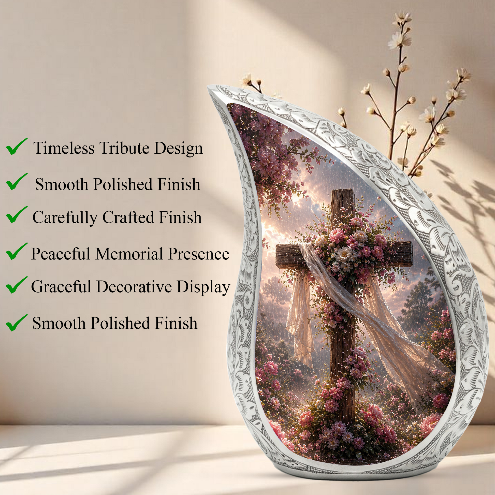 Christian Cross Adult Urn for Ashes | Floral Cross Adult Cremation Urn for Human Ashes