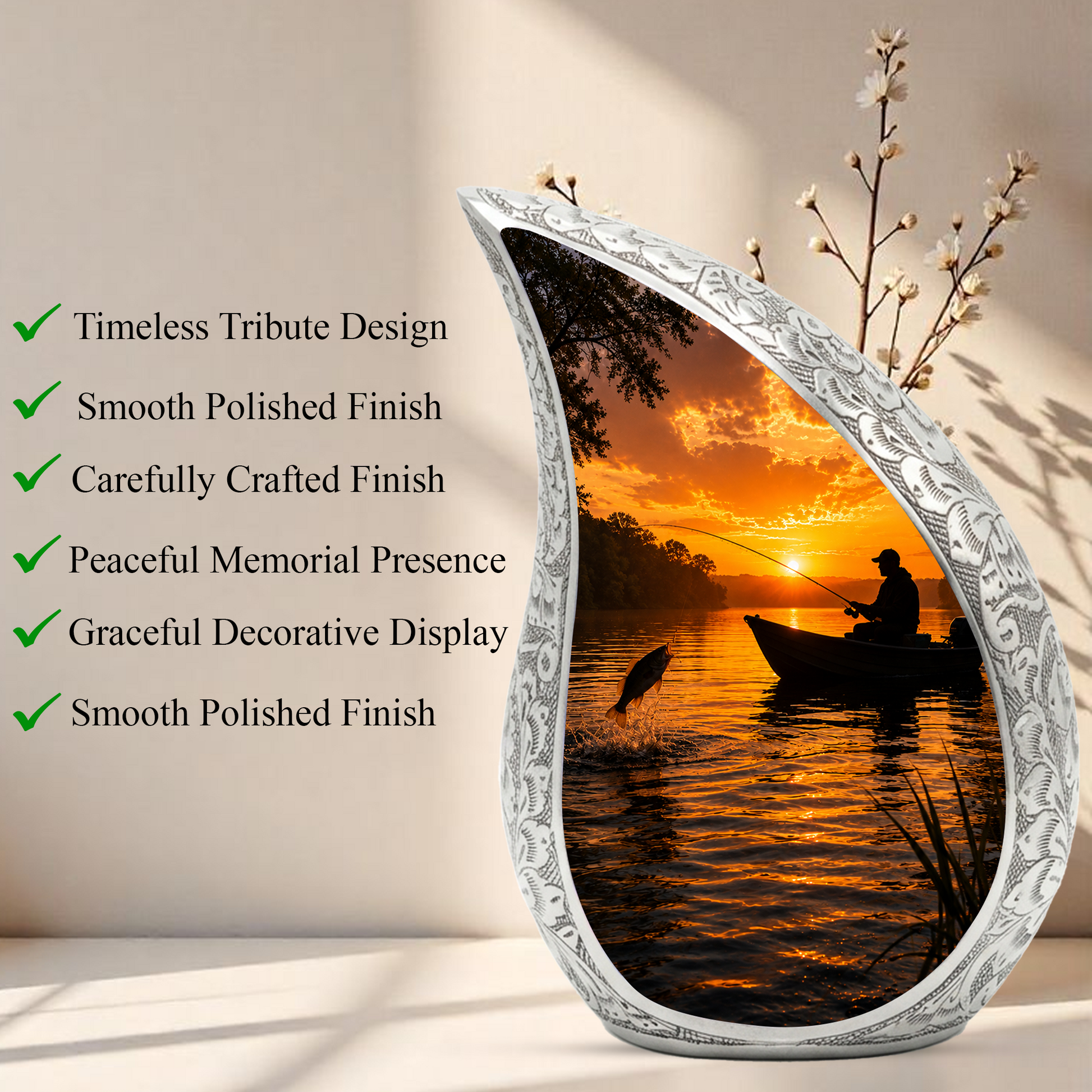 Fishing Sunset Urn for Dad – Gone Fishing Cremation Urn for Human Ashes, Adult Male Memorial