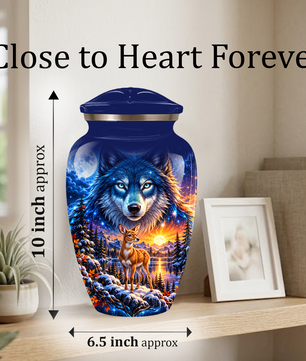 Personalized Wolf and Deer Adult Cremation Urn for Ashes, Wildlife Memorial Urn
