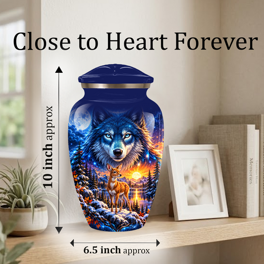 Personalized Wolf and Deer Adult Cremation Urn for Ashes, Wildlife Memorial Urn