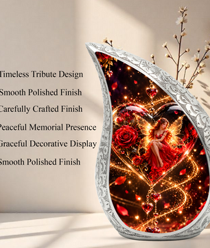 Fairy Heart Cremation Urn for Ashes, Red Rose Fantasy Adult Memorial Urn