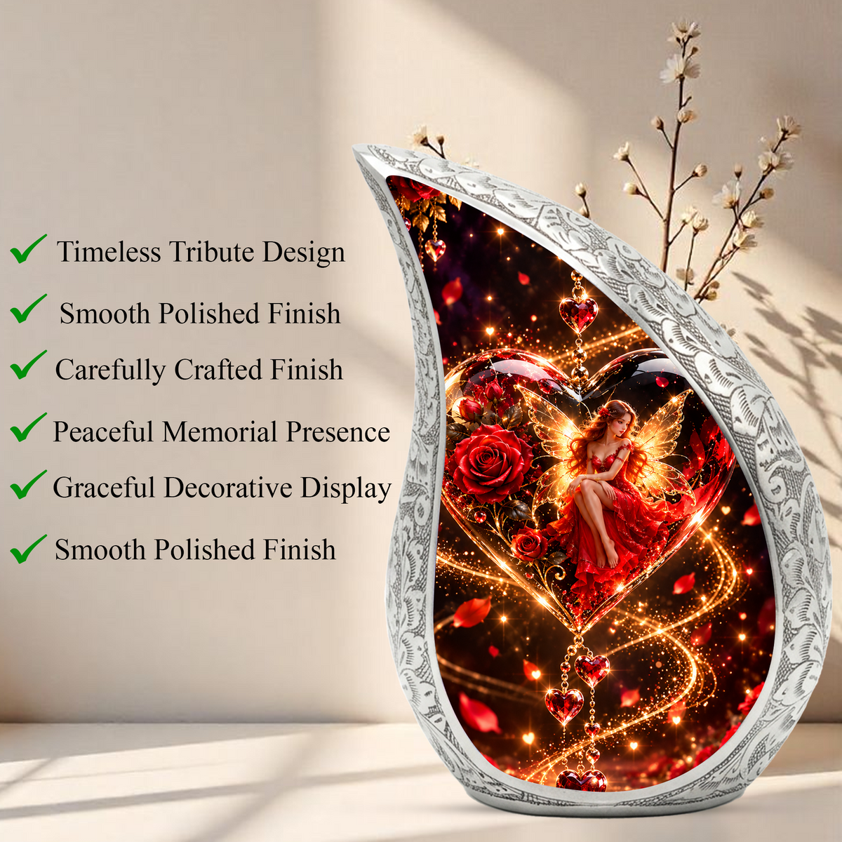 Fairy Heart Cremation Urn for Ashes, Red Rose Fantasy Adult Memorial Urn