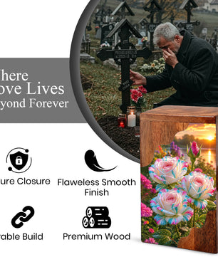 Floral Wooden Cremation Urn – Rose Memorial Urn for Human Ashes