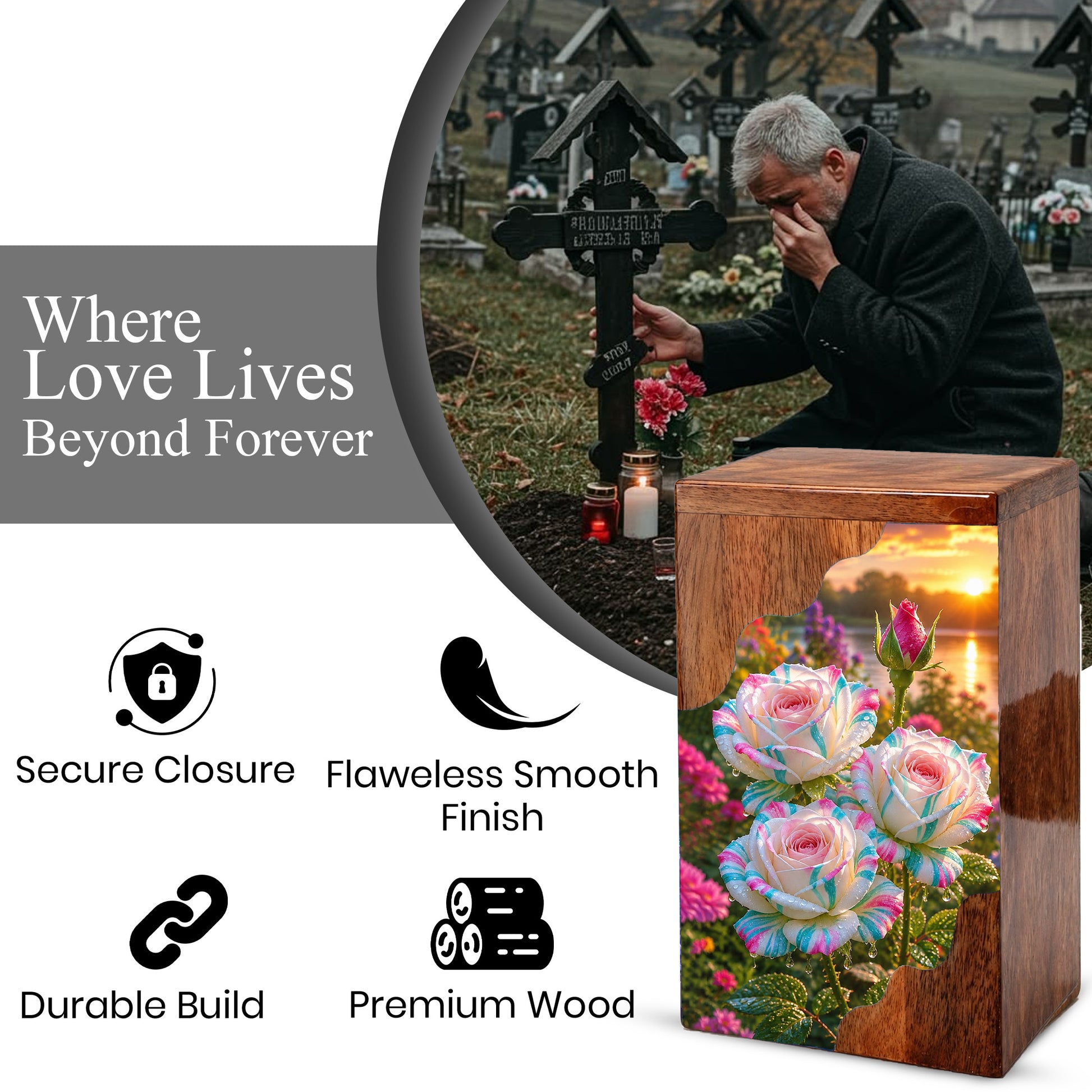 Floral Wooden Cremation Urn – Rose Memorial Urn for Human Ashes