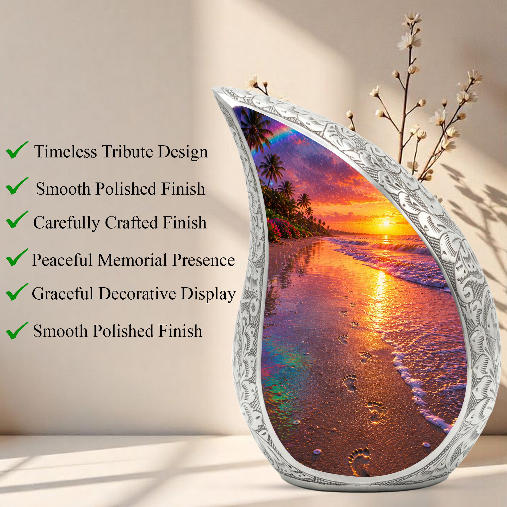 Ocean Beach Sunset Urn for Human Ashes | Tropical Beach Cremation Urn, Ocean Theme Memorial Urn