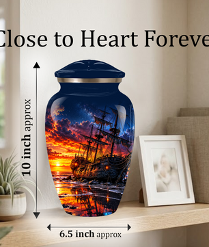 Personalized Pirate Ship Cremation Urn for Ashes, Sunset Ship Adult Memorial Urn