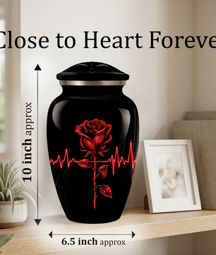 Red Rose Heartbeat Adult Urn for Ashes – Black Adult Cremation Urn, Memorial Urn for Adult Ashes