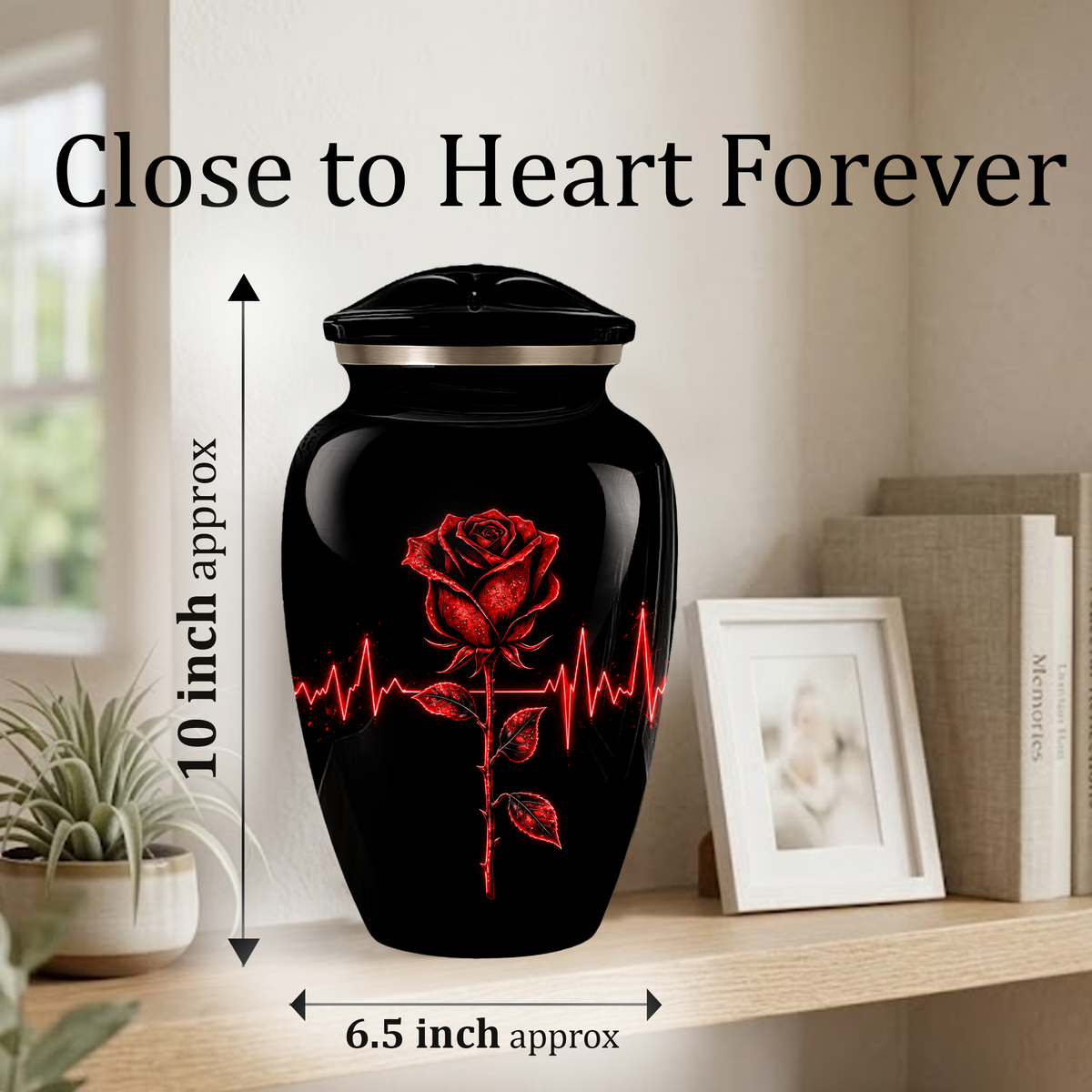 Red Rose Heartbeat Adult Urn for Ashes – Black Adult Cremation Urn, Memorial Urn for Adult Ashes