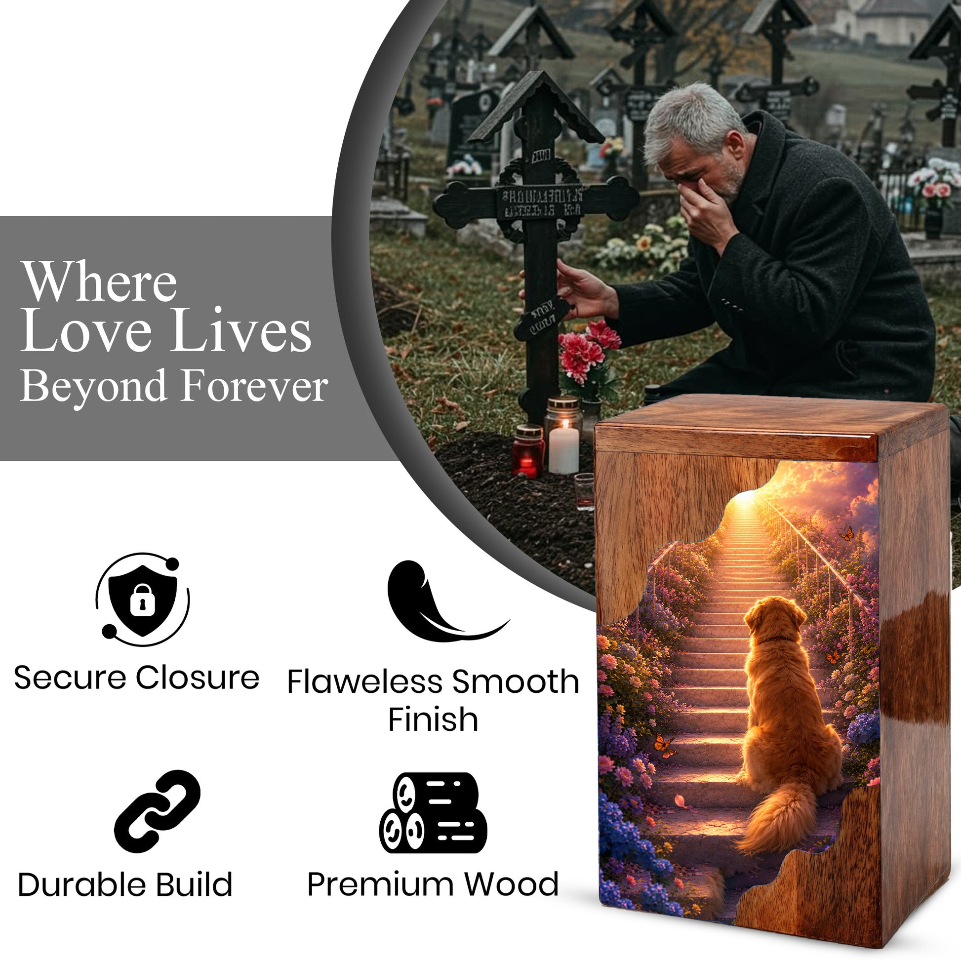 Dog Wooden Cremation Urn – Pet Memorial Urn for Dog Ashes