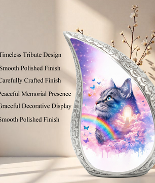 Personalized Cat Cremation Urn – Custom Cat Memorial Urn for Ashes, Rainbow Bridge Pet Urn, Teardrop Aluminum Cat Urn, 10 Inch