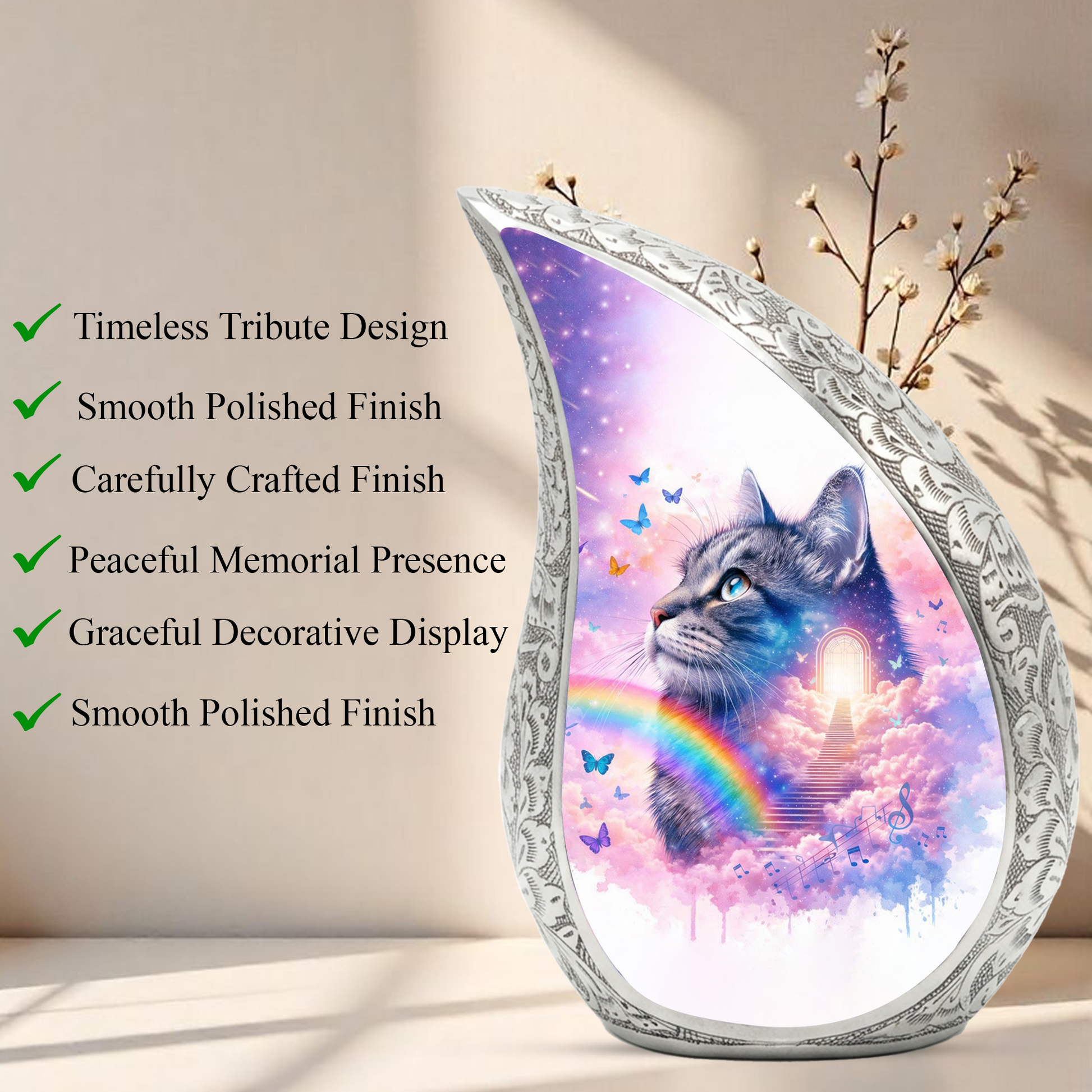 Personalized Cat Cremation Urn – Custom Cat Memorial Urn for Ashes, Rainbow Bridge Pet Urn, Teardrop Aluminum Cat Urn, 10 Inch