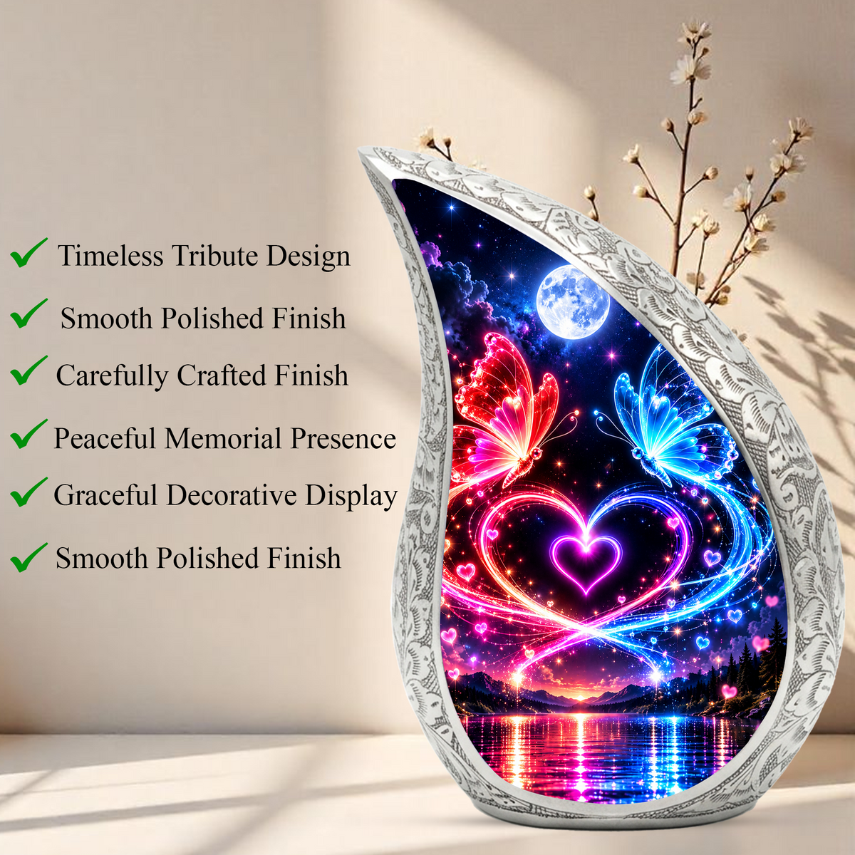 Heart Butterfly Urn for Human Ashes, Adult Cremation Urn with Glowing Butterflies