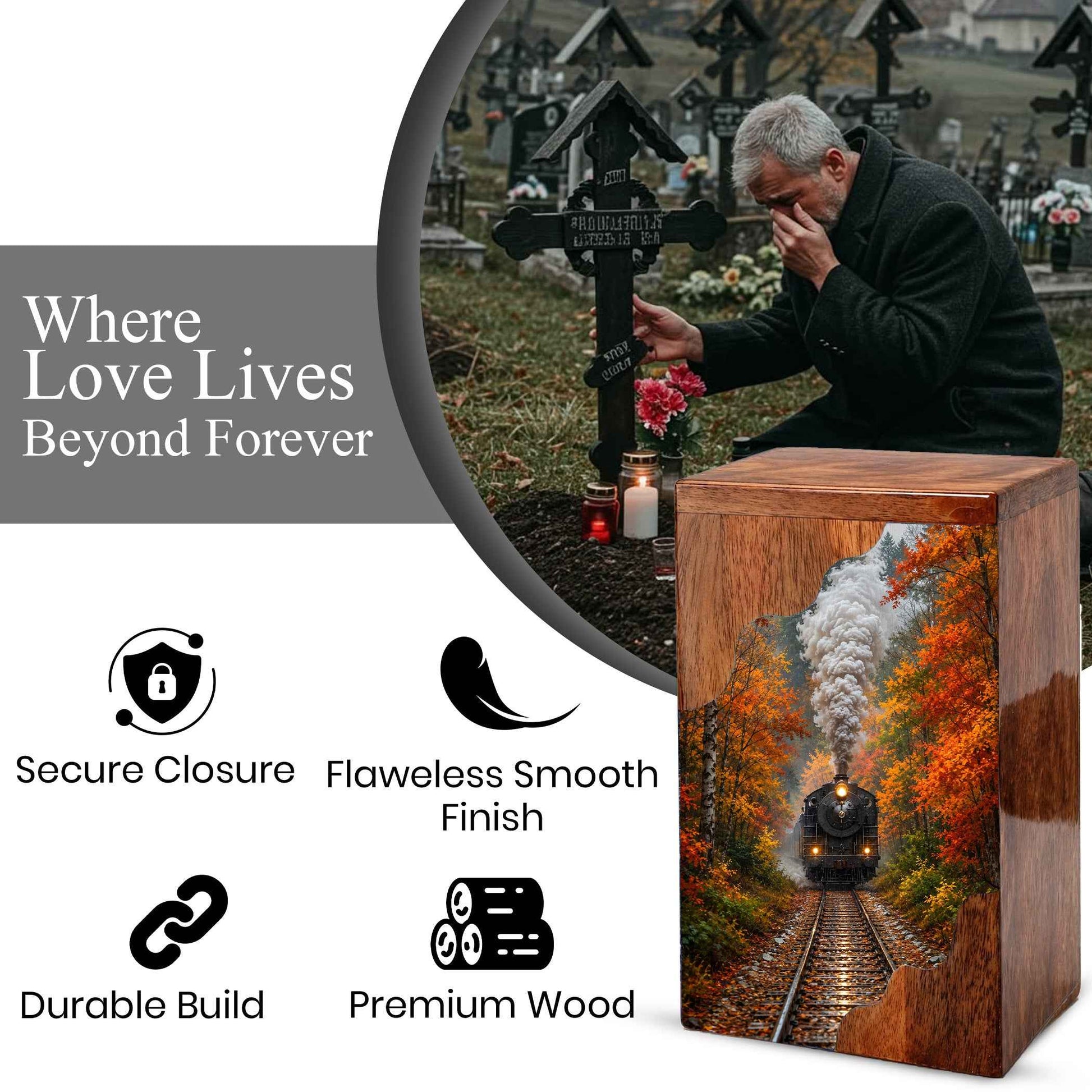Personalized Wooden Cremation Urn for Mom & Dad, Steam Train Memorial Urn