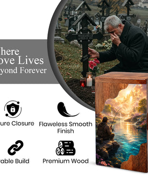 Heavenly Fishing Wooden Cremation Urn – Personalized Memorial Urn for Human Ashes