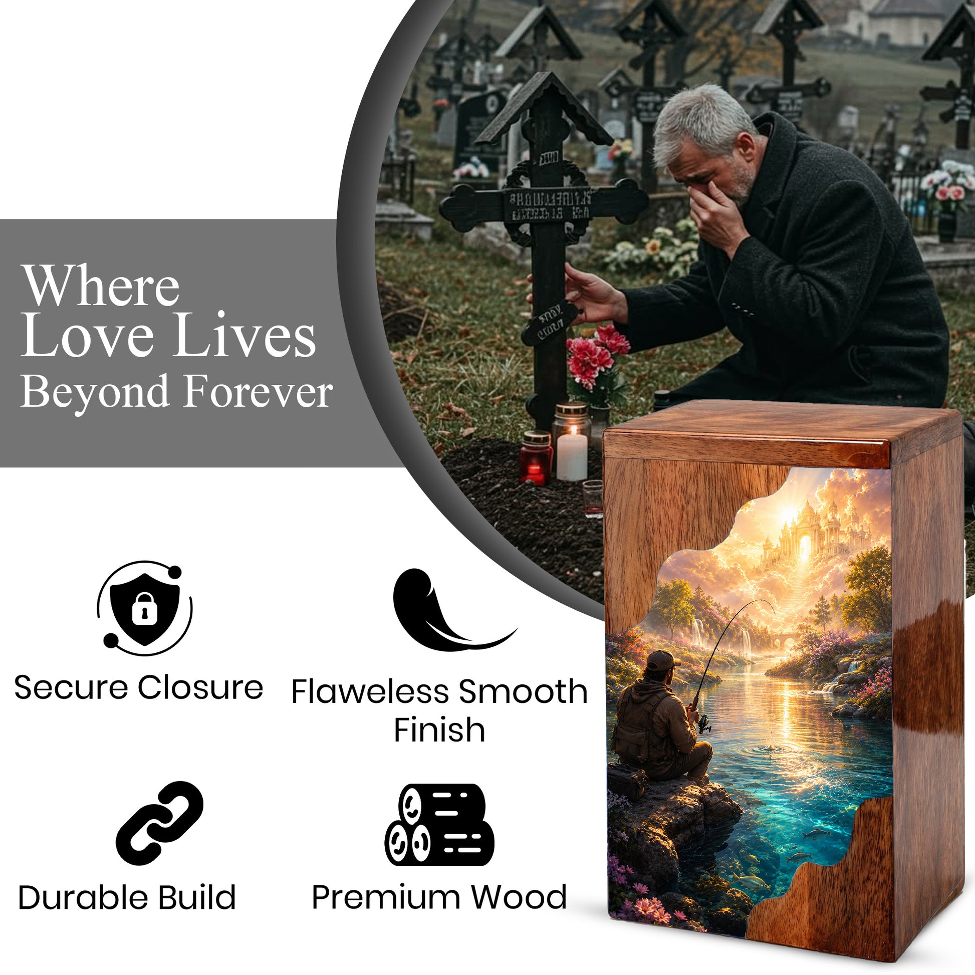 Heavenly Fishing Wooden Cremation Urn – Personalized Memorial Urn for Human Ashes