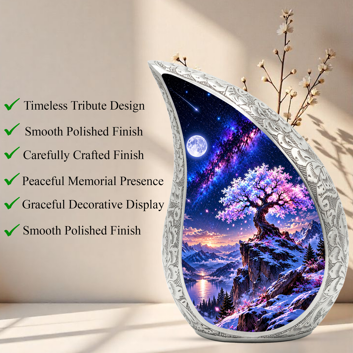 Tree of Life Urn for Ashes, Pink Blossom Tree Cremation Urn