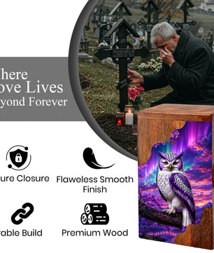 Purple Owl Wooden Cremation Urn – Aurora Memorial Urn