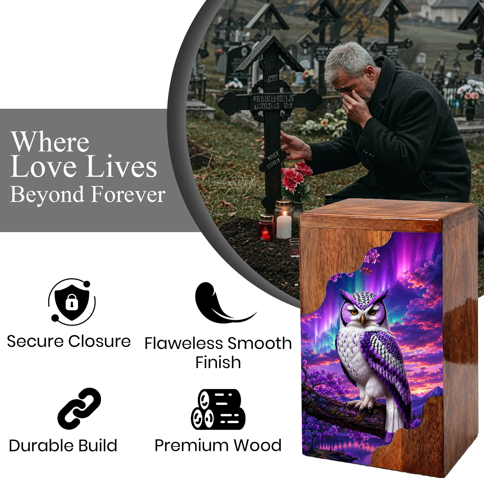 Purple Owl Wooden Cremation Urn – Aurora Memorial Urn