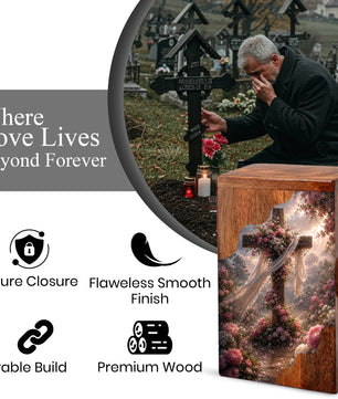 Floral Cross Wooden Cremation Urn – Christian Memorial Urn | Wooden Urn for Human Ashes
