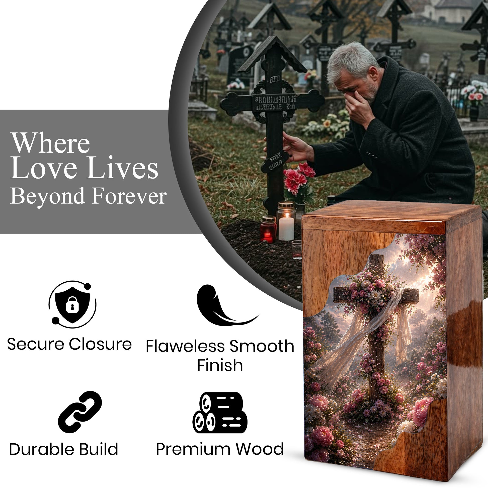 Floral Cross Wooden Cremation Urn – Christian Memorial Urn | Wooden Urn for Human Ashes