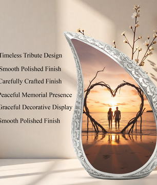 Couple Love Sunset Personalized Cremation Urn – Teardrop Aluminum Memorial Urn, 10 Inch