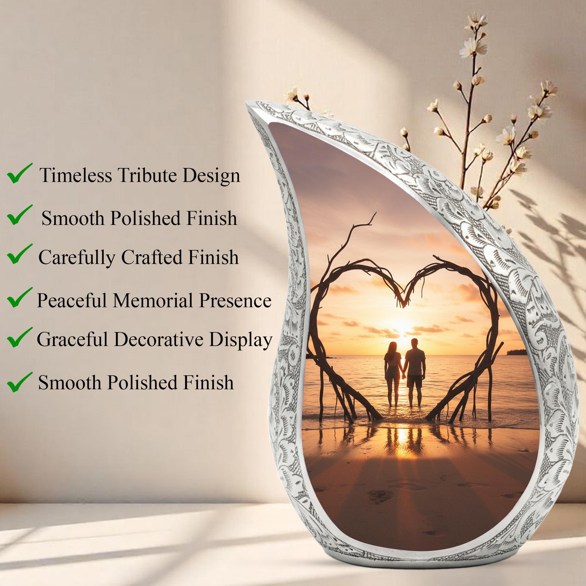 Couple Love Sunset Personalized Cremation Urn – Teardrop Aluminum Memorial Urn, 10 Inch