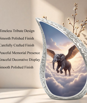 Heavenly Elephant Personalized Cremation Urn – Teardrop Memorial Urn for Ashes | 10 Inch Aluminum Adult Urn
