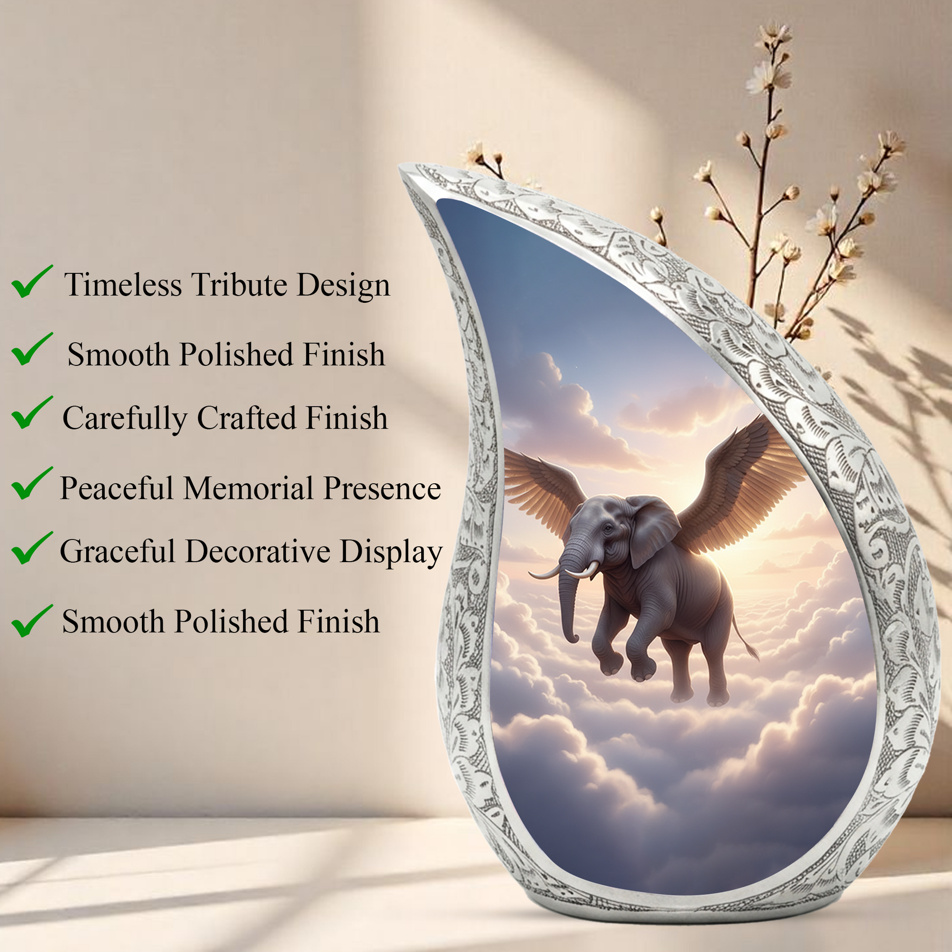 Heavenly Elephant Personalized Cremation Urn – Teardrop Memorial Urn for Ashes | 10 Inch Aluminum Adult Urn