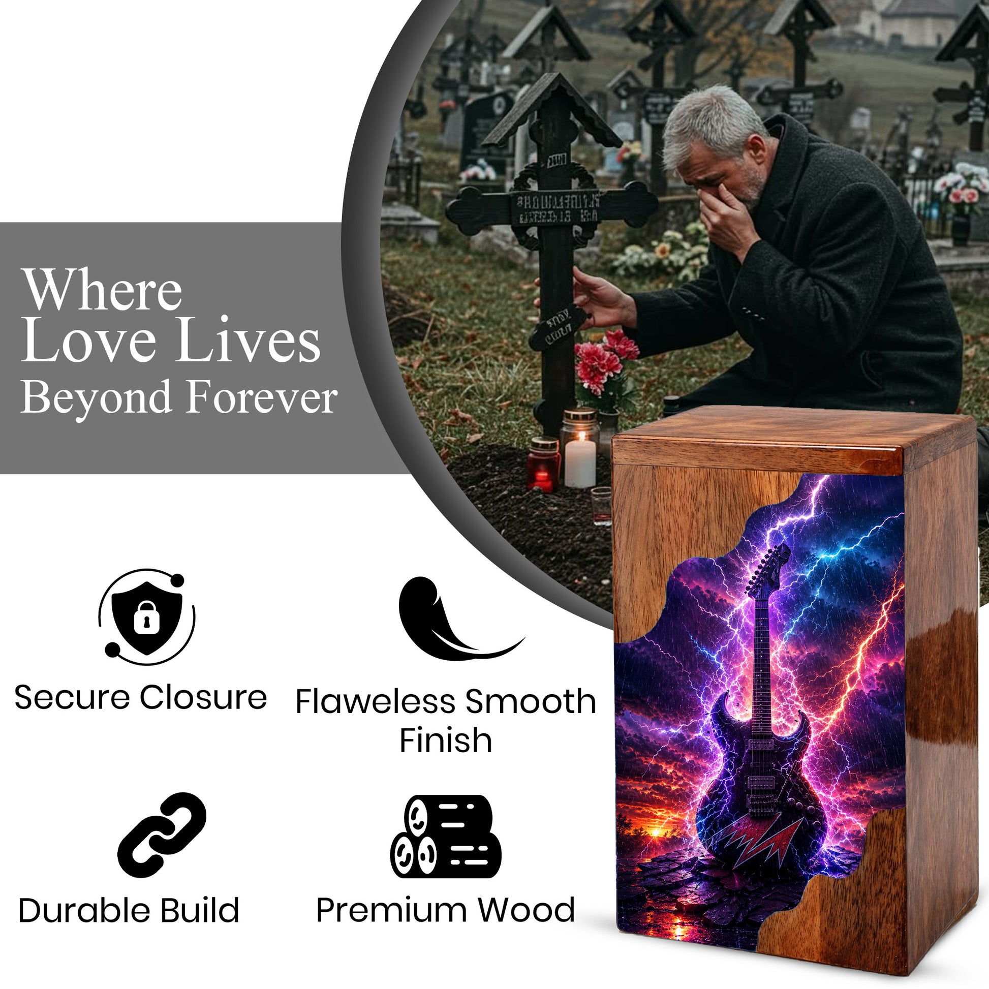Guitar Wooden Cremation Urn for Human Ashes | Personalized Music Memorial Urn