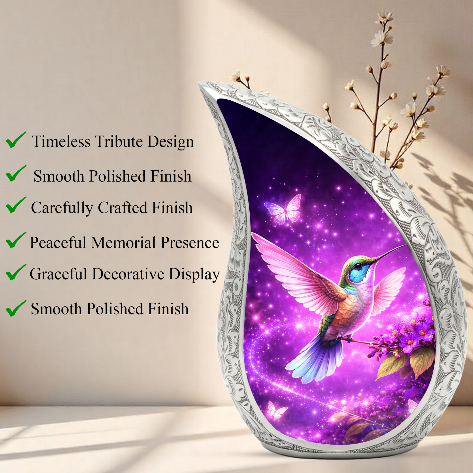 Hummingbird Personalized Cremation Urn – Teardrop Style Aluminum Memorial Urn, 10 Inch