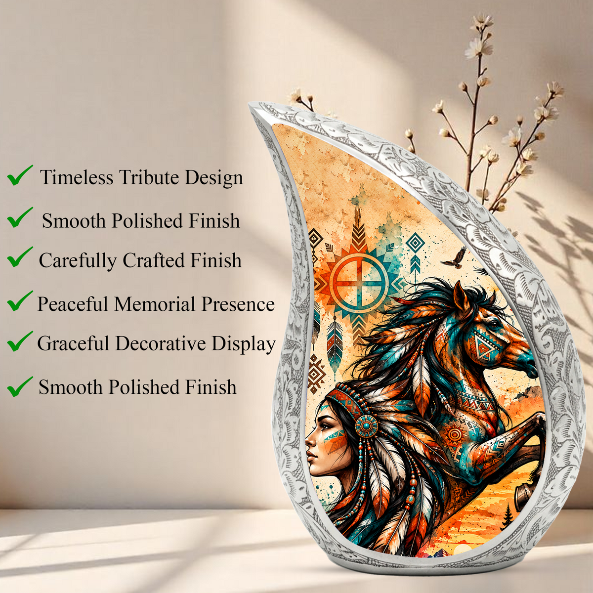 Native American Horse Urn for Ashes, Tribal Horse Cremation Urn