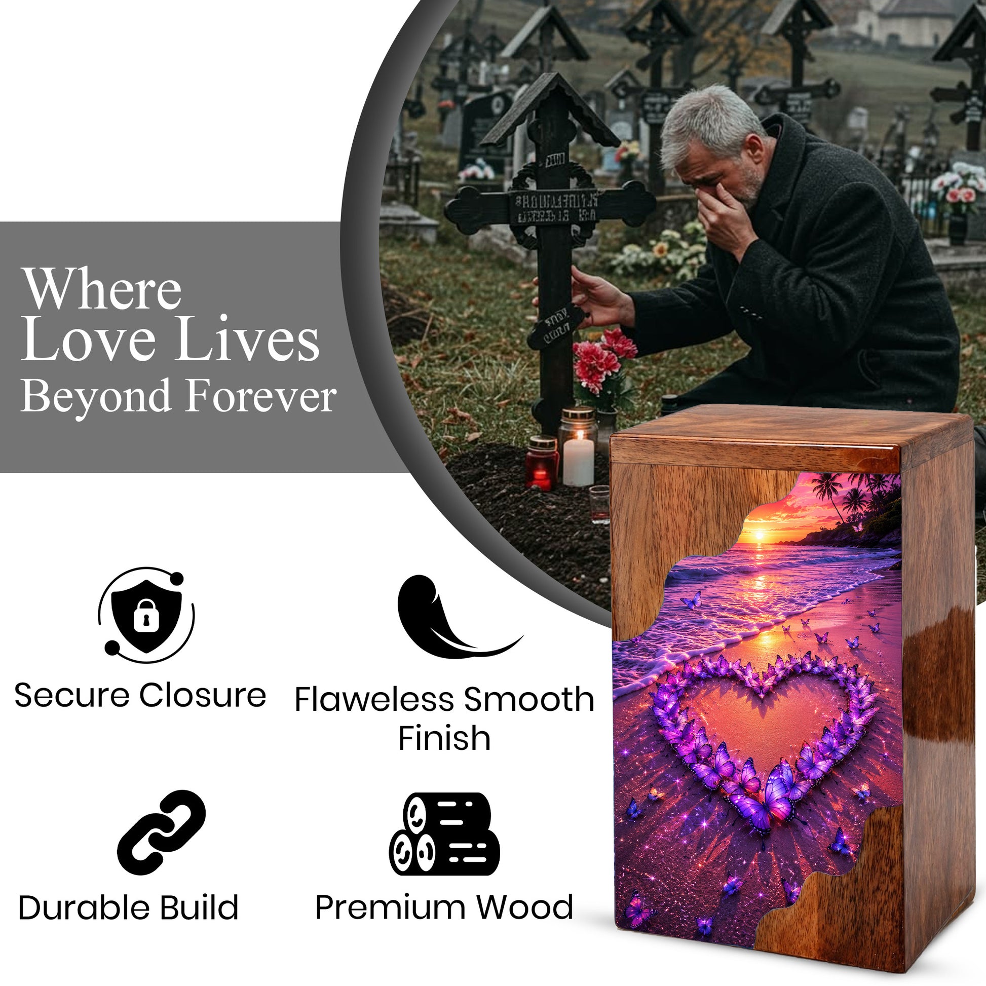 Butterfly Heart Beach Wooden Cremation Urn – Personalized Memorial Urn for Human Ashes