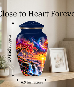 Personalized Adult Cremation Urn for Ashes, Custom Memorial Urn, Fantasy Sunset Waterfall and Cherry Blossom Design