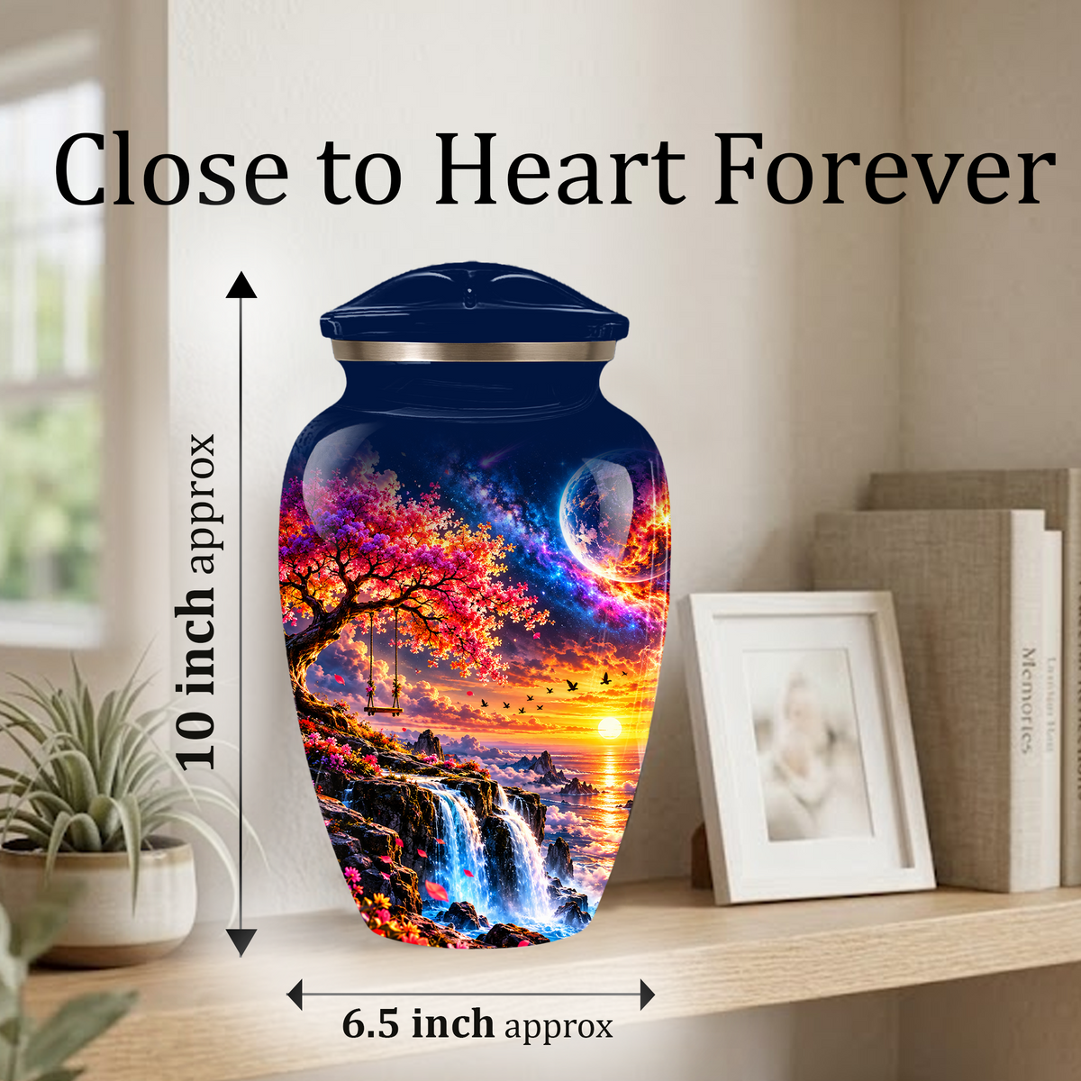 Personalized Adult Cremation Urn for Ashes, Custom Memorial Urn, Fantasy Sunset Waterfall and Cherry Blossom Design