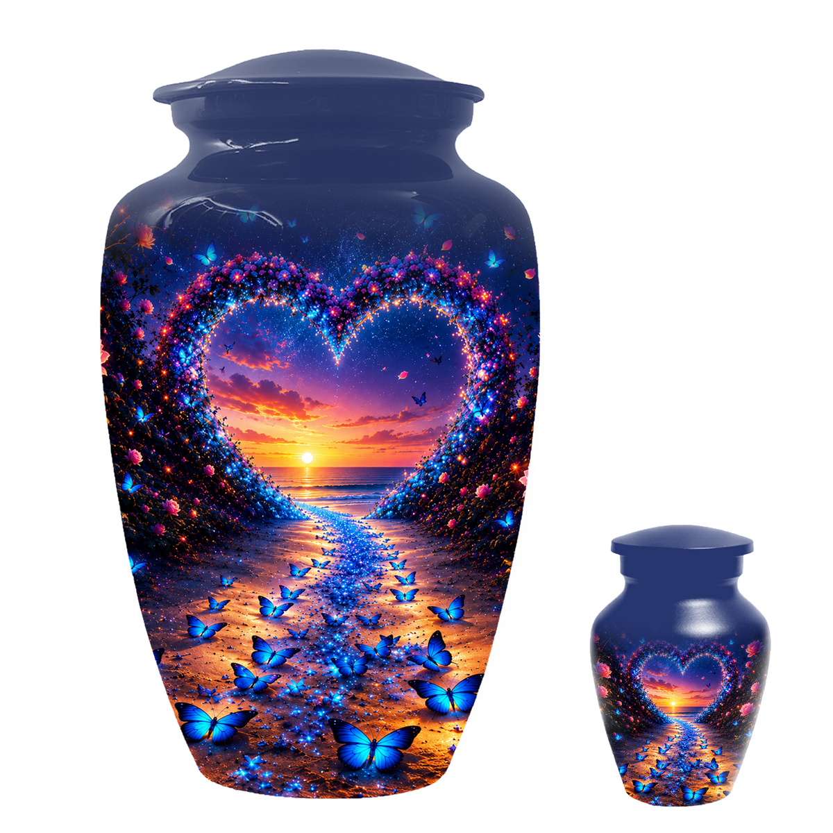 Blue Butterfly Cremation Urn for Ashes - Heart Beach Sunset Keepsake Urns