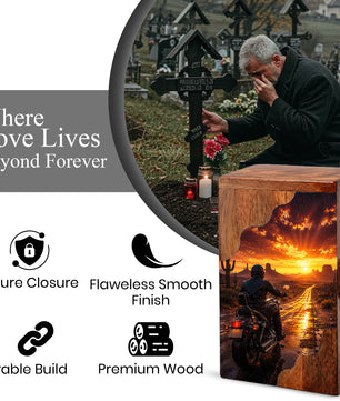 Motorcycle Wooden Cremation Urn – Sunset Ride Memorial Urn for Human Ashes