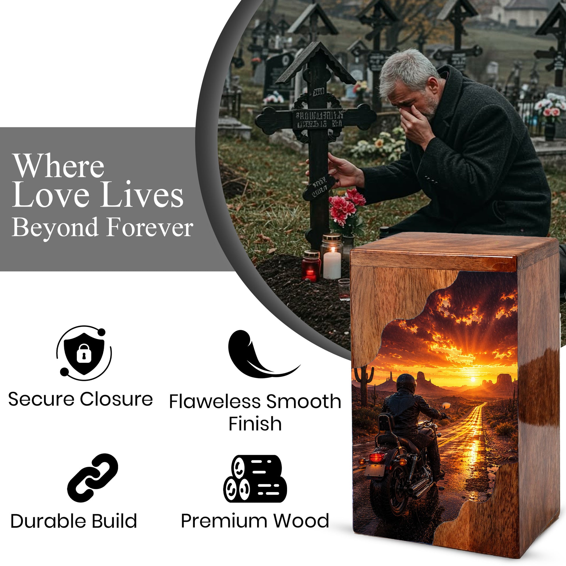 Motorcycle Wooden Cremation Urn – Sunset Ride Memorial Urn for Human Ashes