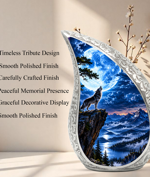 Wolf Moon Cremation Urn for Adult Ashes, Mountain Wildlife Memorial Urn, Howling Wolf Full Moon Design, Decorative Urn for Mom or Dad