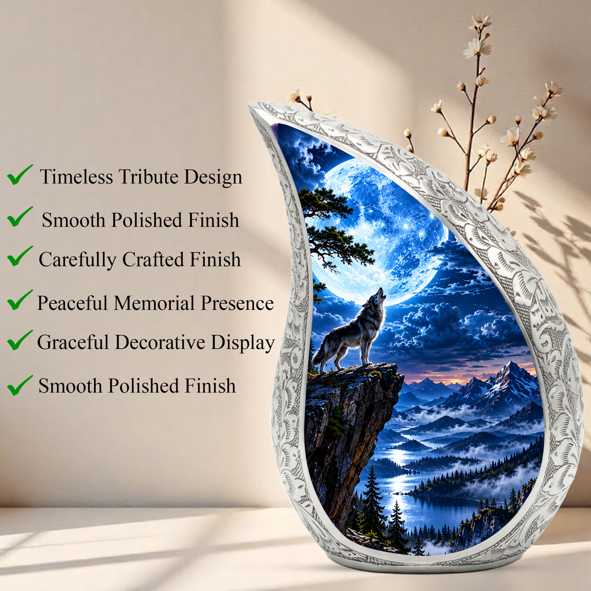 Wolf Moon Cremation Urn for Adult Ashes, Mountain Wildlife Memorial Urn, Howling Wolf Full Moon Design, Decorative Urn for Mom or Dad