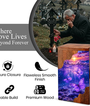 Purple Butterfly Ocean Wooden Cremation Urn – Wooden Urn for Human Ashes